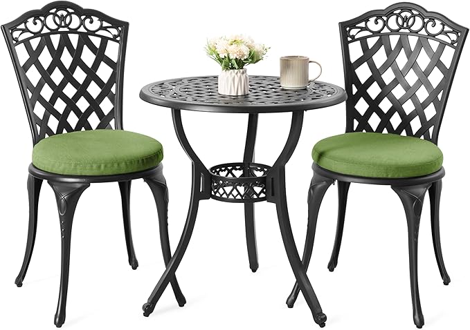 NUU GARDEN 3-Piece Cast Aluminum Patio Bistro Set, Outdoor Table and Chairs Set of 2 with Umbrella Hole and Green Cushions for Patio, Balcony, Garden, Black