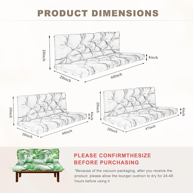 Porch Swing Cushion with Backrest,Waterproof Bench Cushion for Outdoor Furniture,2-3 Seater Replacement Thickened Swing Cushion with Ties,Patio,Outdoor,Backyard and Garden (Fresh Leafy,60x40")