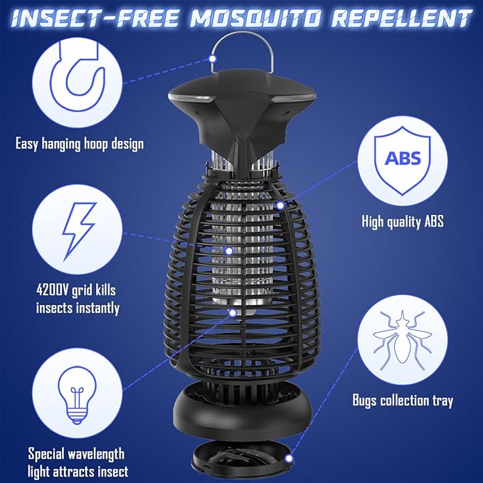 Electric Bug Zapper Outdoor - 4200V High Voltage Insect Killer Waterproof LED Light for Mosquito Fly Patio Porch Garage Backyard Home Indoor