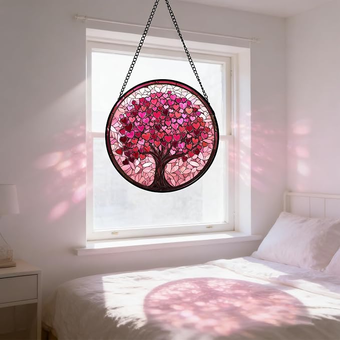 Stained Glass Window Hanging, Birthday Gifts for Women Mom Grandma Nana Wife Couple, Pink Love Tree Suncatcher for Doors Window Home Sun Catchers Gifts Decor 11.8 in