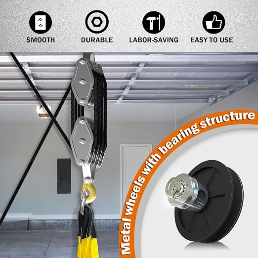 YATOINTO Upgraded Rope Hoist Pulley System, 4400LBS Block and Tackle with 304 Stainless Steel Shackle 2PCS Lift Sling, 8:1 Power 65ft Heavy Duty Pulley Block for Lifting Garage Warehouses Building