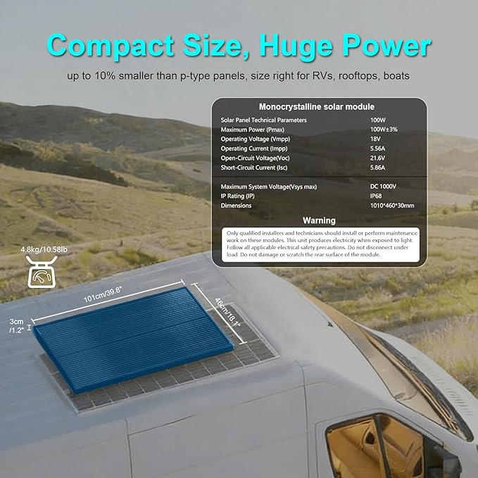 100 Watt Solar Panel,18BB N-Type 18V 100W Solar Panel, 25% High Efficiency Monocrystalline PV Modules IP68 Waterproof for RV, Marine, Rooftop, Farm, Trailer, Home Off-Grid System