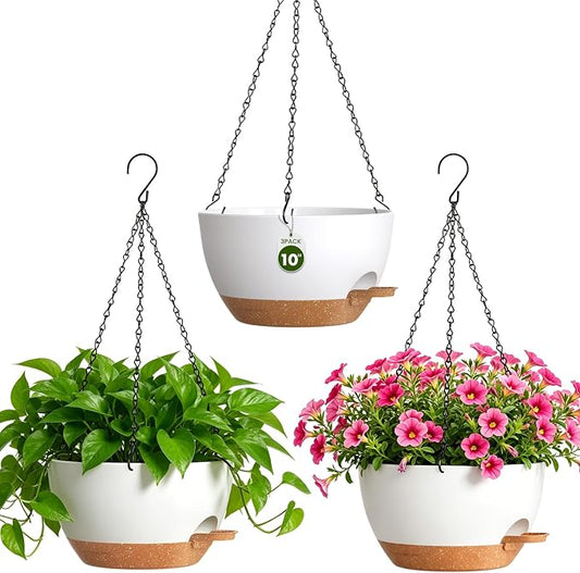 10 Inch Self Watering Hanging Planters, 3 Pack Plastic Plant Pots | Sturdy lightweight pot with side watering lip, drainage holes, snap-on detachable tray & hanging chain for easy care