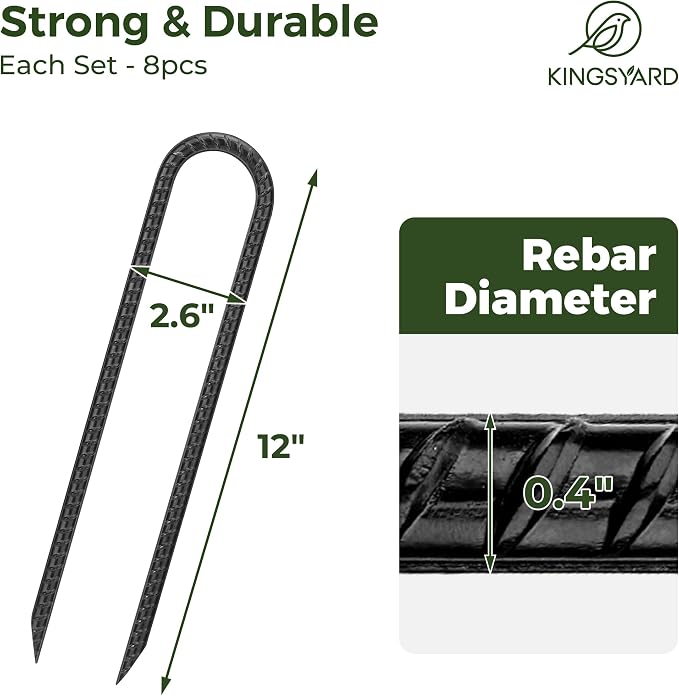 Kingsyard 16 Pack Trampolines Wind Stakes-12 Inch Long, 0.4 Inch Diameter Galvanized Steel U Hook Rebar Stakes, Multi-Purpose Heavy Duty Ground Anchors for Tent, Fences, Swing, Landscape, Black