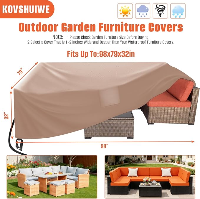Rectangular Patio Table Cover 98"L x 79"W x 32"H, 600D Oxford, Khaki | 600D Oxford Cloth Waterproof Outdoor Dining Table and Chairs Furniture Covers