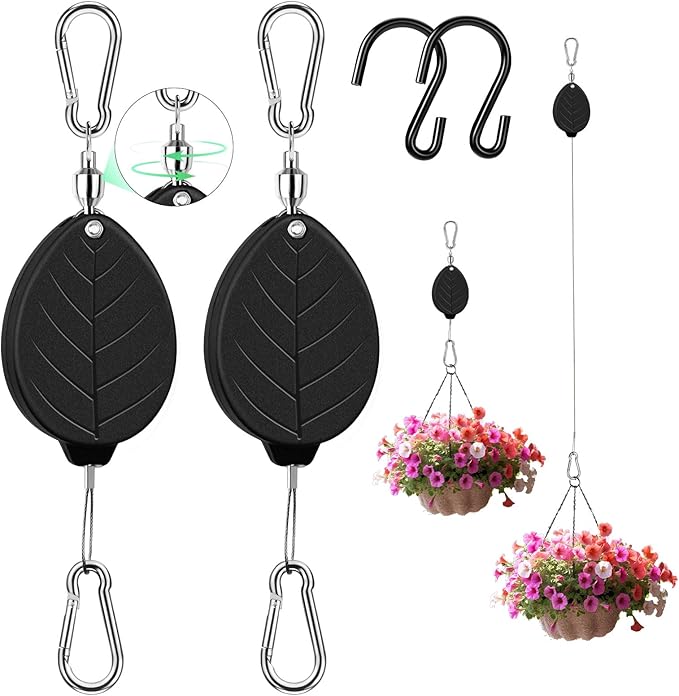 2026New 2Pcs Retractable Plant Hanger with Leaf Texture,44Lbs Load Capacity,Auto Lock,Adjustable Hook for Hanging Plants,Bird Feed,Wind Chimes,Garden Pots,Rust-Proof Stainless Steel,Black