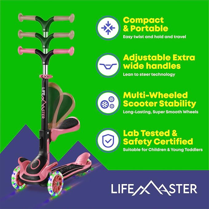 3 Wheel Scooter for Kids with Foldable Seat, Adjustable Handlebar Height, Lean-to-Steer Ride On Toy for Kids Ages 2+, Light-Up LED Wheels, Wide Anti Slip Deck, Indoor & Outdoor Use