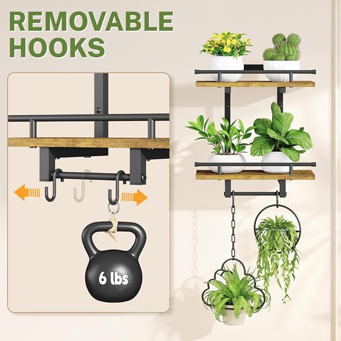 iDavosic.ly Wall Plant Holder Set of 2, 2 Tier Indoor Floating Shelves with 4 Hooks for Hanging Plants, Wall Mounted Space Saving Display Stand for Living Room Bedroom (Pots/Chains Not Included)