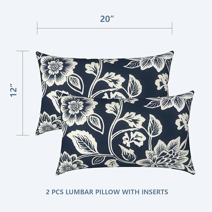 LVTXIII Outdoor/Indoor Lumbar Pillows, Decorative Patio Lumbar Cushions, Fluffy Water Repellent Garden Cushions for Home Patio Coach Sofa Use, 12×20 Inch, Pack of 2, Elegant Vines Navy