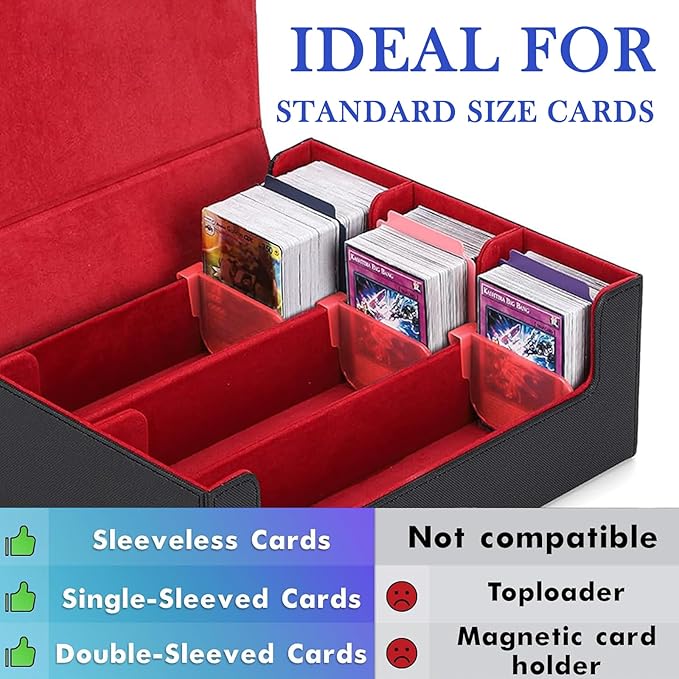 Card Deck Case for Trading Cards 1800+, Trading Card Storage Box with 8 Dividers and 3 Stoppers, Leather Magnetic Closure Deck Box Fit for YuGiOh, MTG and Sport Cards（red）