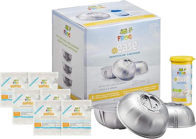 FROG @Ease Replacement SmartChlor Cartridge 3 Pack with 6 Pack of Maintain & 30 Test Strips for use with Hot Tub FROG @Ease Floating System - Hot Tub Sanitizer System Supports Less Chlorine Use