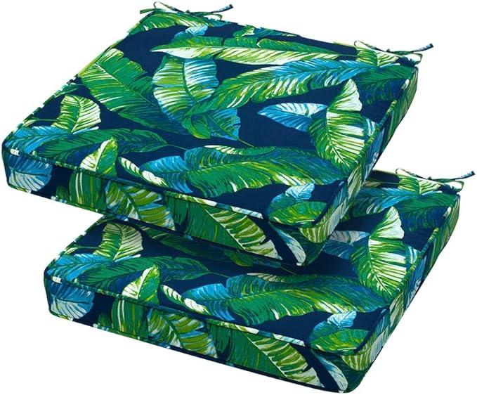 Magpie Fabrics Square Corner Seat Cushion, 18" x 18" x 2.5", 2 Pack, Indoor/Outdoor Waterproof Weather Resistant Universal Chair Pads for Patio Garden Dining - Green Lagoon Leaves