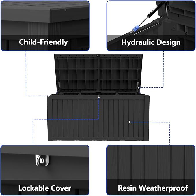 270 Gallon Outdoor Storage Box Resin Deck Box All Weather Waterproof Large Lockable Storage Container Deck Box for Patio Furniture, Garden Tools, Lockable, Black