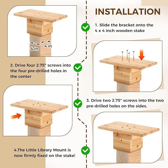Threehoney Outdoor Little Library Mount 14x8x5.91 Inch Stable Wood Storage Box Bracket Holder Suitable for 4x4 Post with Mounting Accessories for Community Cabinet Lending Library Box(Wood Color)