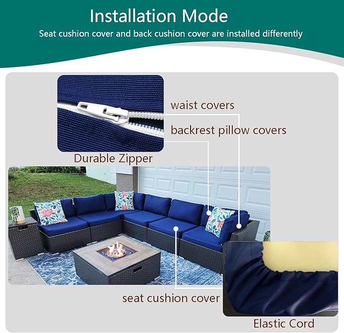 Outdoor Cushion Covers Replacement 14 Pcs Patio Cushion Covers fit for 7Pieces 6-Seater Wicker Rattan Sectional Couch Sofa Outdoor Cushion Slipcovers Set Seat and Back Cover Only, Blue