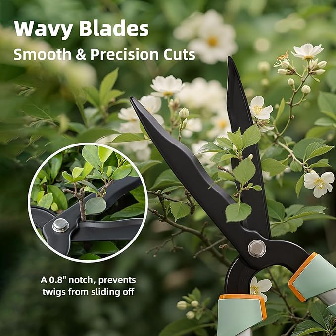 PrunePro Extendable Hedge Shears (27"-35") Wavy Stainless Steel Blades | Teflon Coated for Smooth Cuts | Lightweight Adjustable Garden Clippers for High Hedges & Bushes