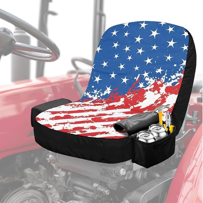 American Flag Tractor Seat Cover with Drink Pouch Breathable Lawn Tractor Seat Cover Compatible with Craftsman Cub Cadet Kubota