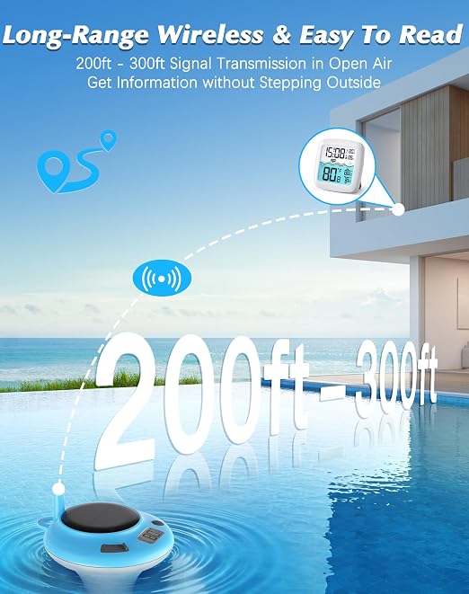 Solar Pool Thermometer Floating Easy Read, IPX8 Waterproof Digital Thermometer Wireless, Water Temperature Monitor for Swimming Pool, Hot Tub, Cold Plunge, Pond, Lake