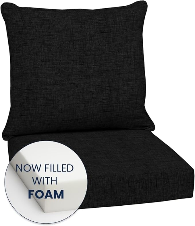 Arden Outdoor Foam Deep Seat Cushion Set, 24x24, Premium High-Density Foam, Never Flattens, Weather-Proof for Patio Chair Sofa Couch, Black Leala