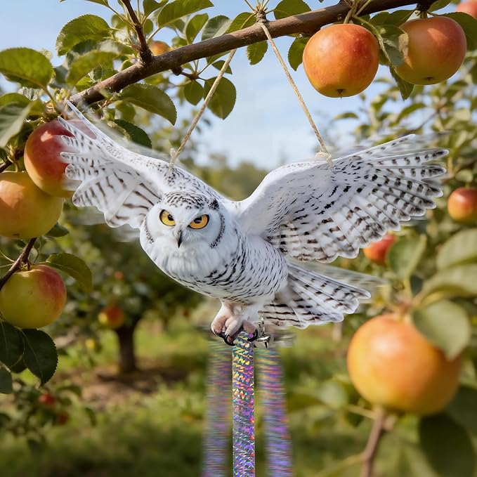 Hanging Owl Device for Outdoor Garden, 3 PCS Flat Reflective Owl with Tape and Bell to Keep Woodpecker Pigeon Away from Patio Yard Balcony Window, Weatherproof Animal Scare Decor