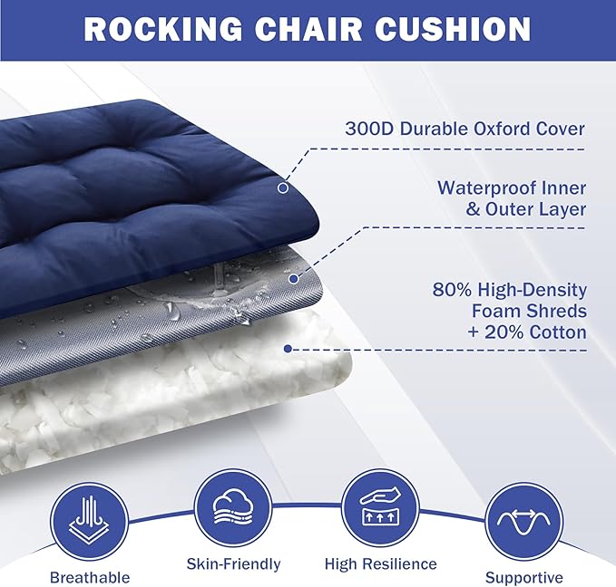 IPYNBAP Rocking Chair Cushion, Waterproof and Fade-Resistant Patio Chair Cushions, Tufted Chair Pads for Rocker Furniture, 17x17 Inch, Indoor/Outdoor Seat Cushions with Ties, Navy Blue (Pack of 2)