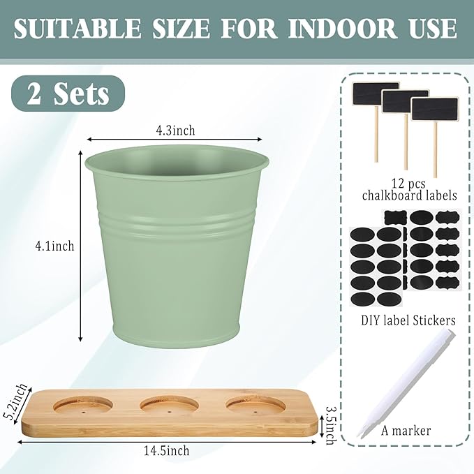 LemonRoad 6 Pcs Indoor Herb Planter Window Herb Pots for Kitchen with Drainage Hole and Bamboo Tray Farmhouse Metal Garden Planter Pot with DIY Label Mom Plant Gift(Sage Green,Round)