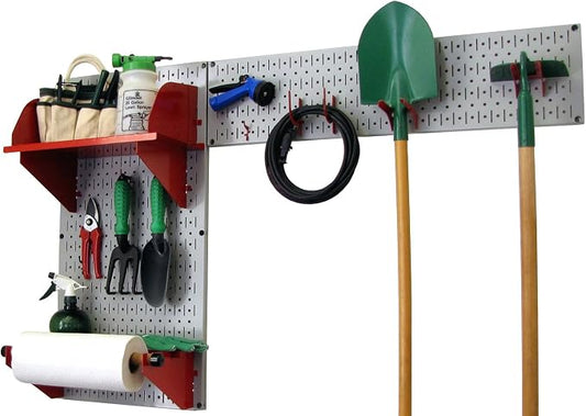 Wall Control Pegboard Garden Supplies Storage and Organization Garden Tool Organizer Kit with Gray Pegboard and Red Accessories
