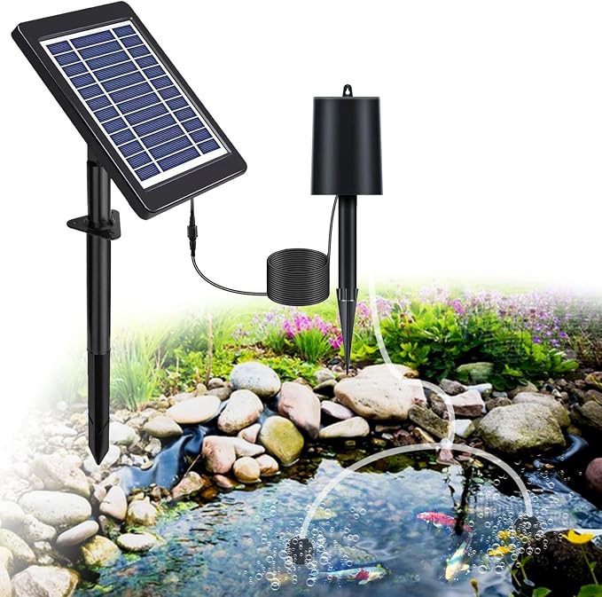 Lewisia 4W Solar Pond Aerator Air Pump Kit with Air Hose and Bubble Stones 3 Working Modes Bubble Oxygenator