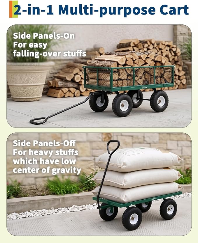 Garvee Versatile Outdoor Utility Cart - 800LBS Heavy-Duty, 10" All-Terrain Pneumatic Tires, Easy Maneuverable Lawn Cart with Removable Mesh Panels for Gardening & Landscaping, Green