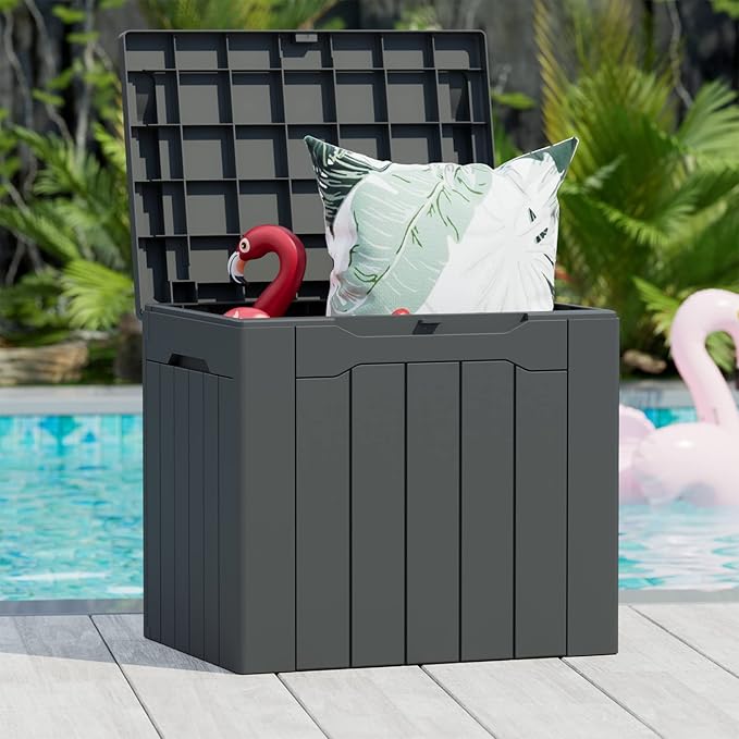 Greesum 31 Gallon Dark Grey Resin Deck Box for Patio Furniture Storage and Master Lock 1 Black Combination Padlock