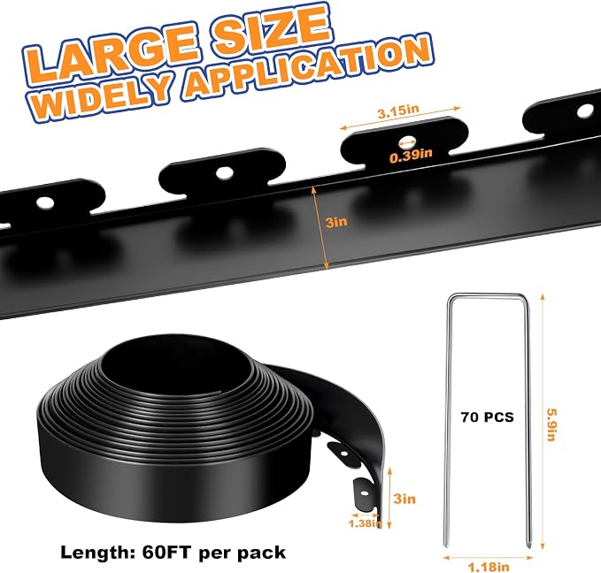 3 Inch x 60 FT (Multiple Sizes Available) Landscape Edging, Garden Edging Borders with 60pcs Upgrade Stakes, Flexible No Dig Plastic Garden Border for Lawn, Landscaping, Flower Beds and Yard