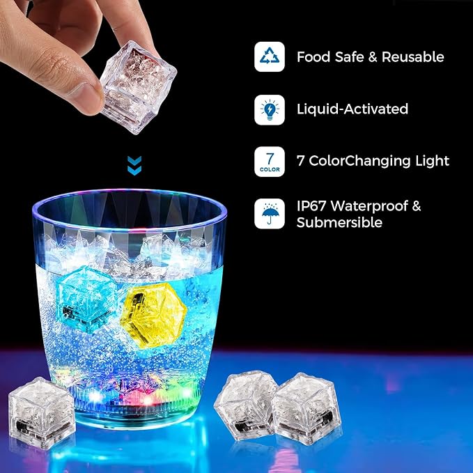 24PCS Light up Ice Cubes – LED Color Changing, light up ice cubes for drinks reusable ，Flashing Ice Cube for Parties, Bath & Celebrations for Club Bar Party Wedding Decor，Cocktail Lights, Drink Decor