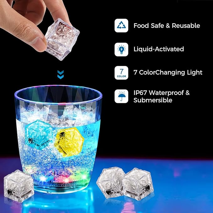 12PCS Light up Ice Cubes – LED Color Changing, light up ice cubes for drinks reusable ，Flashing Ice Cube for Parties, Bath & Celebrations for Club Bar Party Wedding Decor，Cocktail Lights, Drink Decor