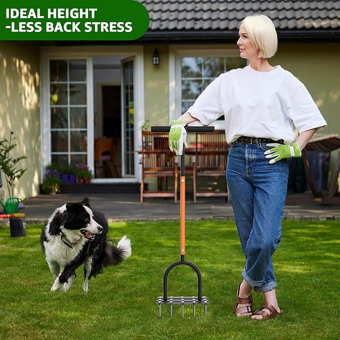 Aerator Lawn Tool Lawn Aerator -Heavy Duty Manual Grass Aerator with 15 Iron Spikes, Height Adjustable, Yard Aerator Tool for Lawn（Orange）