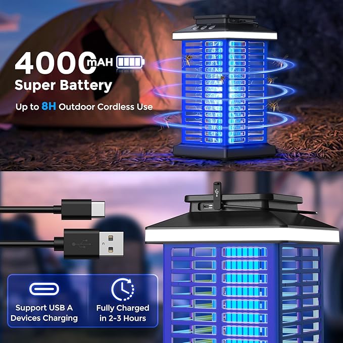 Bug Zapper Outdoor, Mosquito Zapper 2 in 1 Portable & Rechargeable Bug Zapper Outdoor with 5000mAh Battery & LED Night Light, 4000V Electric Fly Zapper for Outside,Patio,Backyard,Garden Blue