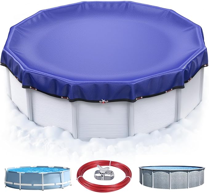 UIRWAY [200GSM Heavy Duty] 12FT Pool Cover 2025 Upgrade Extra Thick Pool Cover for Above Ground Round Pools, UV & Cold Resistant Swimming Pool Cover, Tearproof Tarp with Cable System