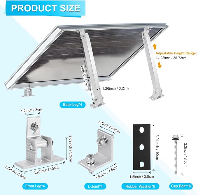 M METERXITY 2 Sets Adjustable Solar Panel Tilts Mount Brackets Aluminum Alloy Mounting Brackets Kit Support 50W 70W 100W 150W 200W 300W 400W Solar Panel for Roof/RV/Boat/Wall/Off-Grid/Camping