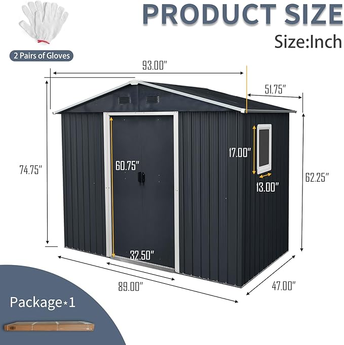 8x4 FT Outdoor Metal Storage Shed with Window, Galvanized Steel Garden Shed, Lockable Sliding Door, Sloped Roof, Ventilated Tool Storage House with Foundation Kit for Backyard Lawn, Black+White