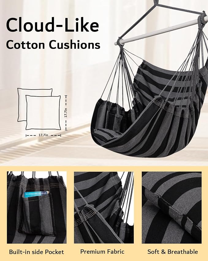 ADVOKAIR Hammock Chair Hanging Chair Swing Large Indoor with Anti-Slip Steel Spread Bar and Pocket-Max 500lbs-2 Cushions, Perfect for Bedroom,Outdoor,Patio, Porch,Backyard