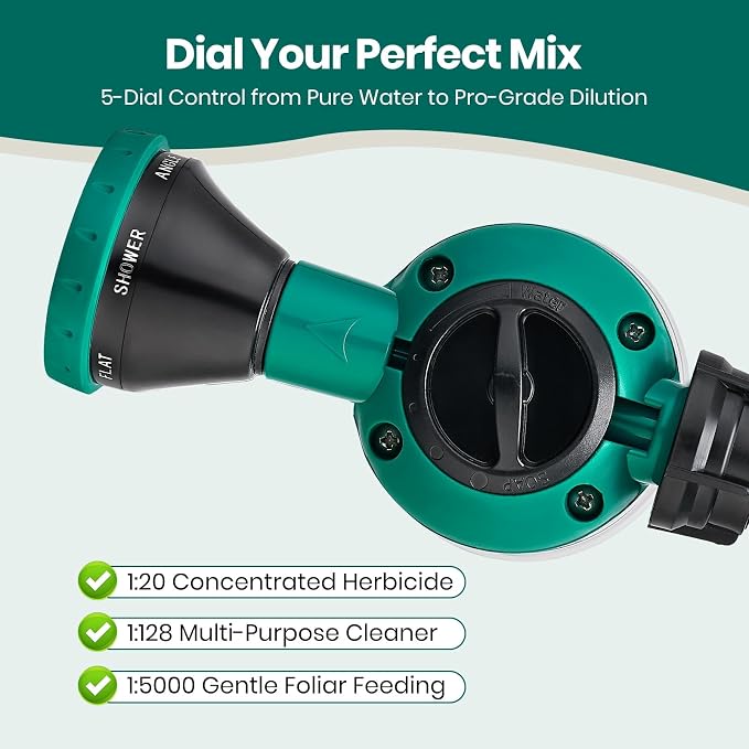 VENETIO 5-Dial Hose-End Sprayer - 6 Adjustable Spray Patterns Nozzle & 30oz Refillable Bottle for Liquid Fertilizer, Weed Killer & Soap | Lawn, Garden, Car Wash & Outdoor Cleaning Versatile Spray Gun