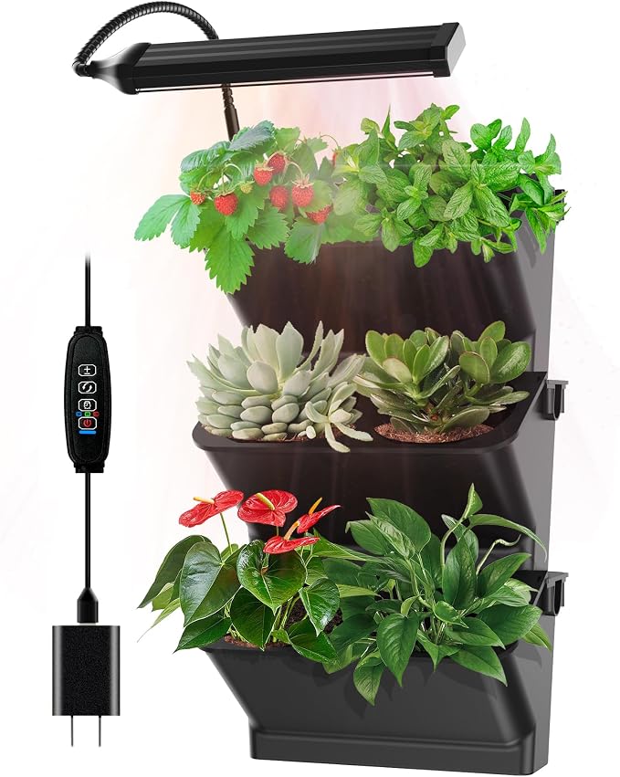 Wall Planters for Indoor Plants with Grow Light & Self Watering System, 6-Pot Vertical Garden for Herbs, Vegetables, Flowers, Succulents, Includes Screws & Expansion Pipes