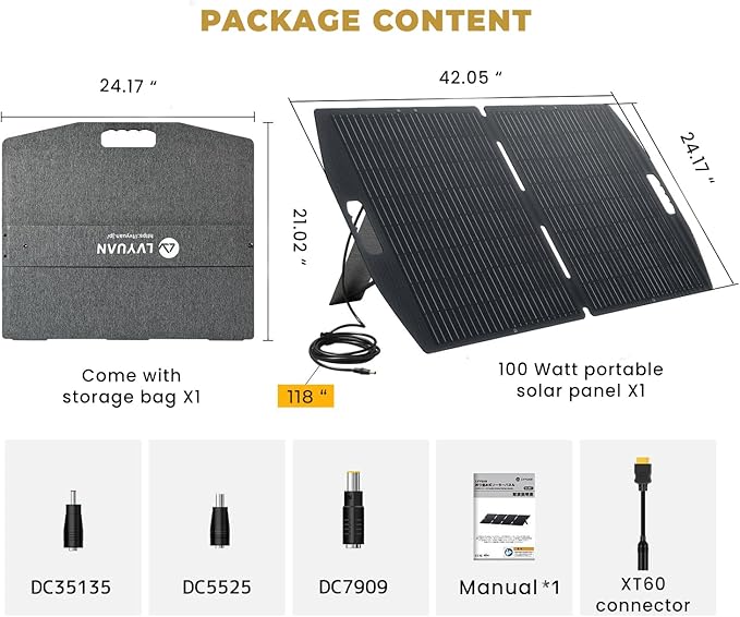 LVYUAN 100W Portable Solar Panel for Power Station, Foldable Solar Panel 23.5% Mono Cell with ETFE, IP65 Waterproof with 4-in-1 Adapter Battery Charger for Outdoor Camping Van RV Trip