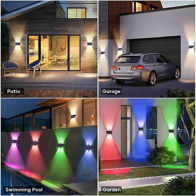 Fence Lights Solar Powered, 2-Pack Solar Fence Lights Up/Down Flexible Buttons, IP67 Waterproof for Outdoor, 100LM Bright, Auto Dusk to Dawn for Wall/Stairs/Yard/Railing/Deck/Pathway (White & RGB)