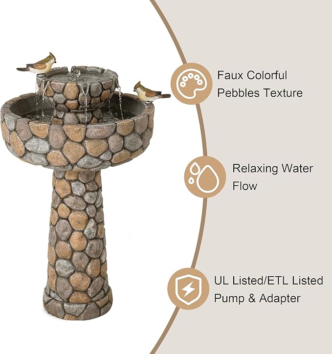 Glitzhome 2-Tier Stone Like Outdoor Water Fountain with Birds, Bird Bath Outdoor Waterfall Fountain Decor, Freestanding Water Fountains with Pump for Garden Yard Patio Porch, 24.41”H