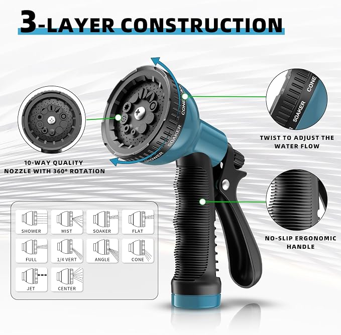 Besiter Heavy Duty Garden Hose 100FT: Water Hose With 10 Function Sprayer - Hose Flexible Swivel Leak-Free Connection Kink-free 5/8" - High Pressure Hose for Gardening Car Washing Watering Outdoor