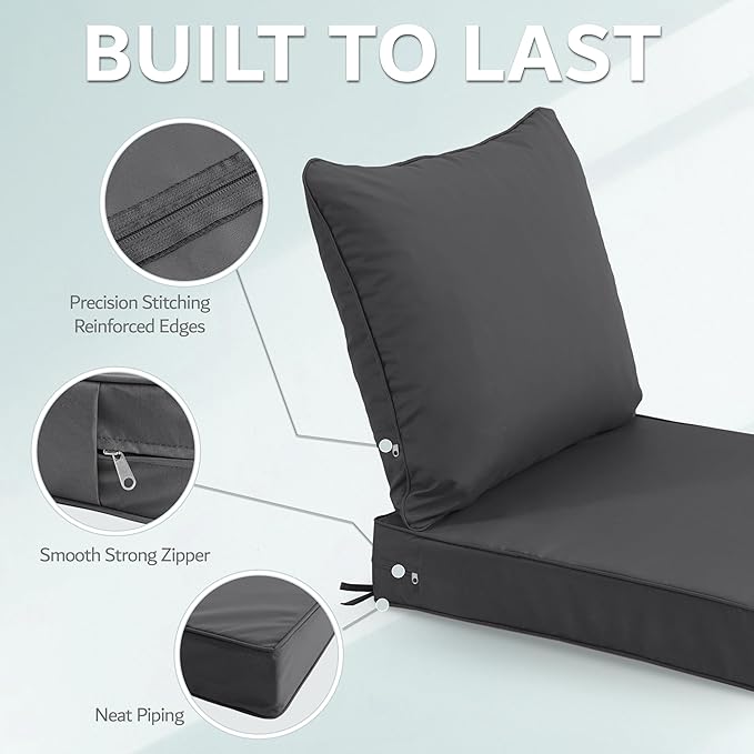 24x24 Inch Outdoor Chair Cushion with Removable Cover, Patio Furniture Cushion - Water-Repellent, Fade-Resistant, Non-Slip Bottom & Straps, Replacement for Deep Seat Sofa & Couch - Dark Grey