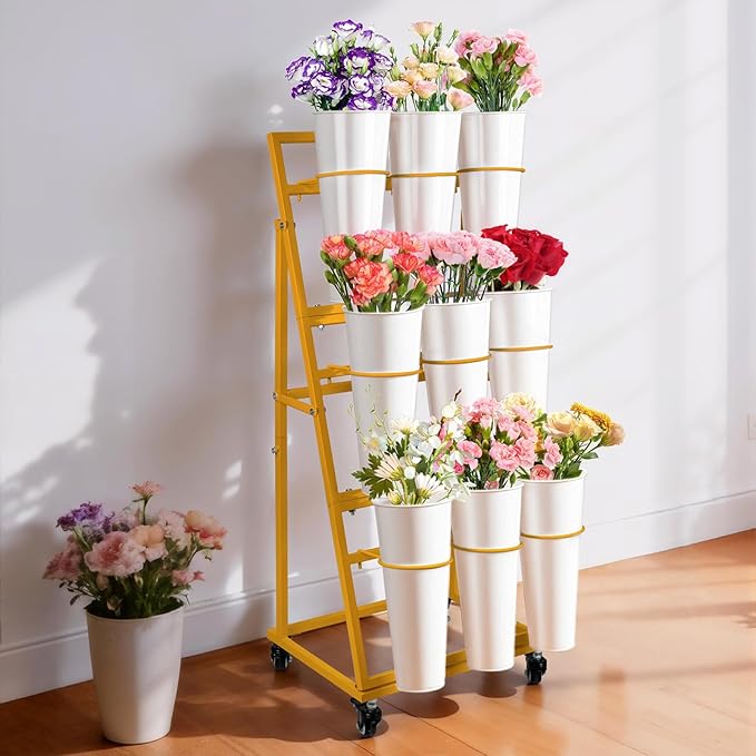 3FT Flower Display Stand with 9 Buckets,Metal Flower Bar Stand with Wheels,3 Layers Moving Florist Bouquet Shelf for Indoor Outdoor Garden,Flower Shop,Wedding,Party Decor (GOLD)