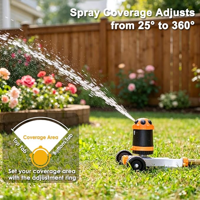 FANHAO Gear Drive Lawn Sprinkler with Metal Wheel Base, Heavy Duty 6-Pattern Water Sprinkler System, Adjustable Irrigation Sprinkler for Large Area Watering, Garden Plant, Yard and Flower Bed