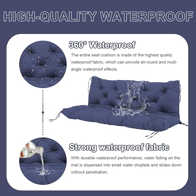 Premium 5"Thick Waterproof Outdoor Swing Cushions Sturdy Durable 2-3 Seat Replacement Porch Swing Cushions with Backrest&Ties Bench Cushion for Outdoor Furniture Backyard Patio(Navy Blue48x40)