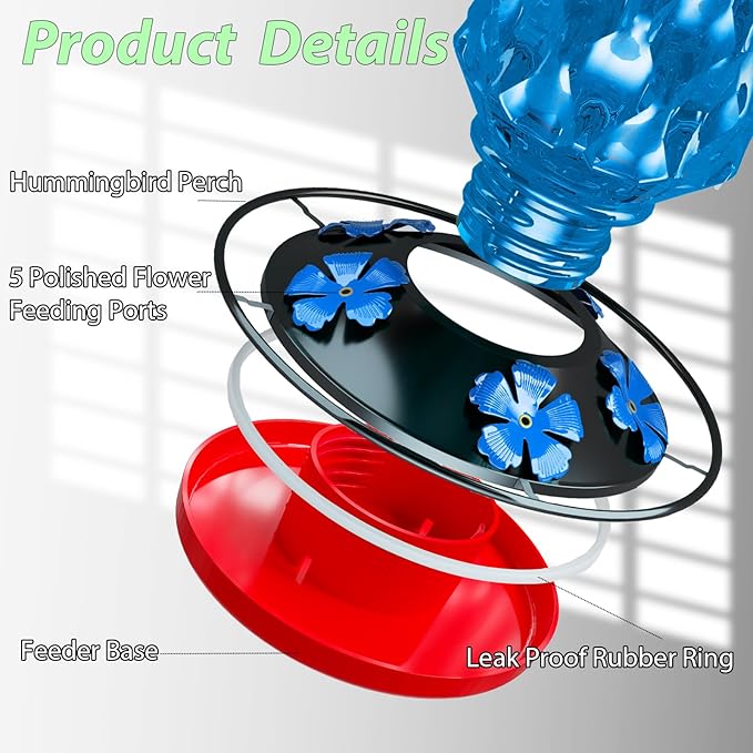 24OZ Glass Hummingbird Feeders for Outdoors Hanging,Five Feeding Ports with Perch, Leak Proof for Gardens Decor Backyard, Bird Feeder for Outside, Birthday Gifts for Women Men, Gifts for Mom Dad
